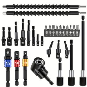 30Pcs Flexible Drill Bit Extension Kit Quick Release Soft Shaft Screwdriver Kit with 105?? Right Angle Drill Attachment 360?? Rotatable Socket Adapter Extension Rod and 10 Bits