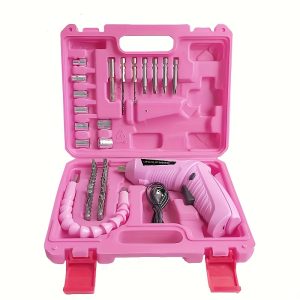 47-Piece Pink Cordless Electric Screwdriver Set, USB Powered with Rechargeable Lithium Battery, Cordless-Feature Screwdriver with LED, Rotational and Illumination Functions, Impact Power Tool Kit for Home DIY Projects with Attachments Included