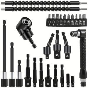 Flexible Shaft Drill Bit Extension Set with 360?? Rotatable Socket Adapter, Magnetic Bit Holder, L-Shaped Screwdriver, and 10 Bits - Bendable Metal Shaft for Manual and Electric Drills