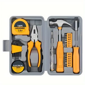 MasterPro 24pcs Home Repair Tool Set - Durable Carbon Steel, Includes Pliers, Adjustable Wrench, Hammer & Screwdriver with Bright Yellow Storage Box