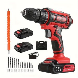 36VF Rechargeable Drill, 2 3.0Ah Batteries And A Charger, Equipped With Drill, LED Lighting, Portable Multi-function Power Tools, Screwdriver, Metal, Wood, Tile Drill